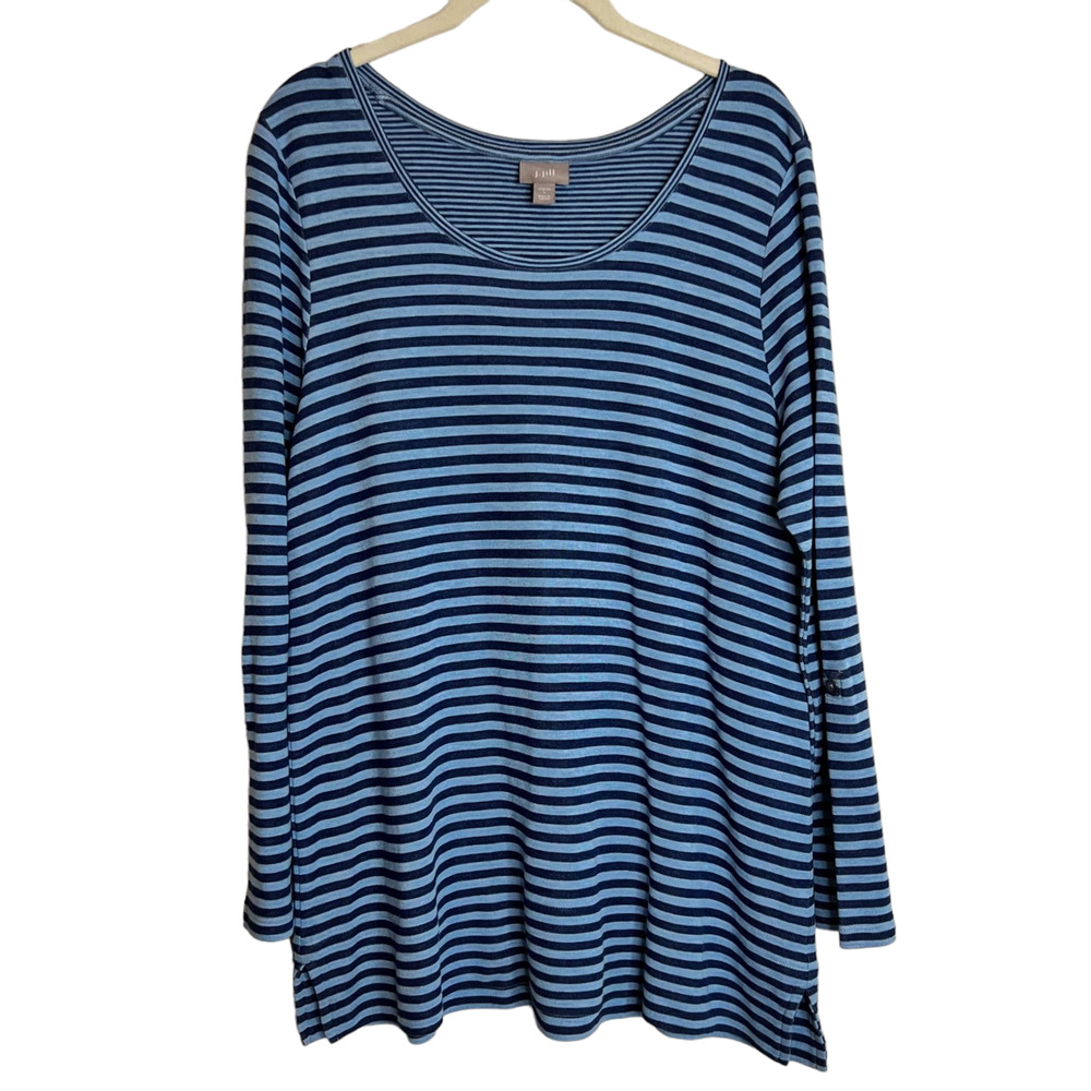 J Jill Womens Long Sleeve Knit Top Large Striped Blue Tones Stretch
